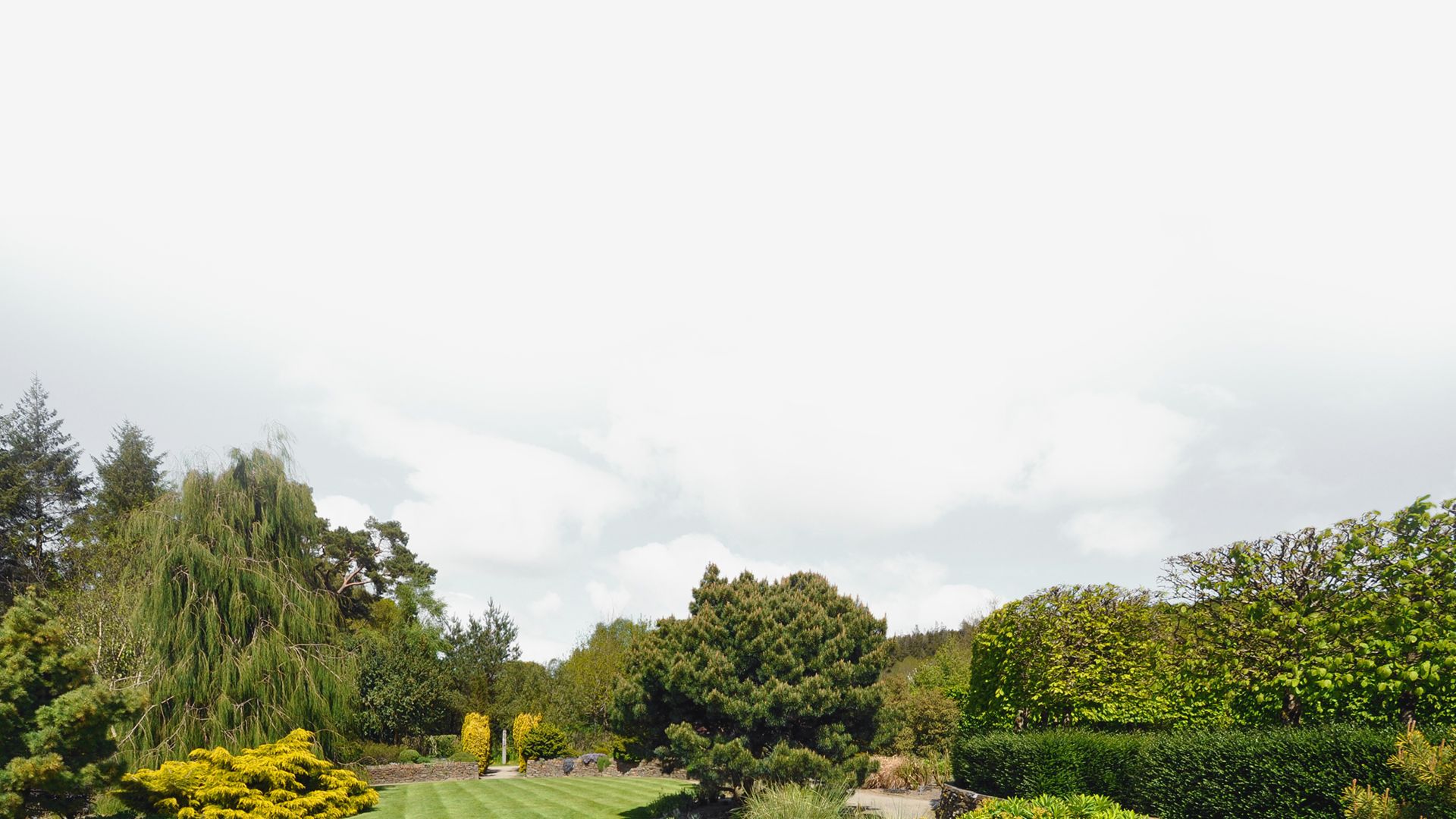 A landscaped lawn and garden under an overcast sky